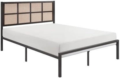 Lexicon Metal Bed Frame with Rattan Headboard, Platform Bed with Strong Metal Slat Support Under Bed Storage, Boho Faux Cane Bed, Mattress Foundation No Box Spring Needed, Full Bed, Dark Bronze