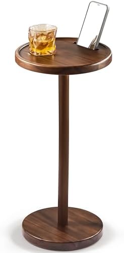 BLUEWEST Small Round Side Table, Drink Table with Phone Slot, 24.4" Walnut