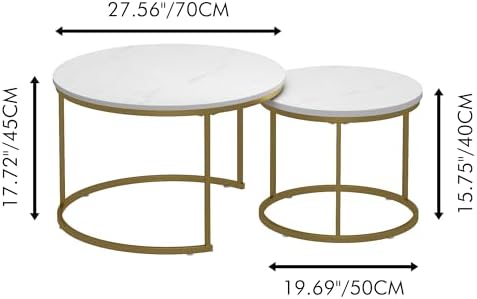27.6" Round Nesting Coffee Table Set of 2, White & Gold Marble