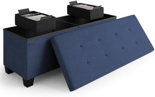 Storage Ottoman Bench with Bins, 43-in Storage Bench for Bedroom End of Bed, Folding Foot Rest Ottoman for Living Room Max 660lbs, Fabric Ottomans, Blue