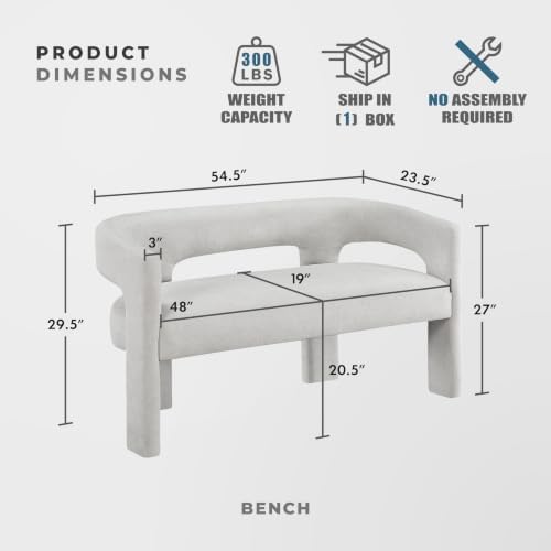 Lexicon 54.5 Inch Modern Curved Boucle Upholstered Dining Bench, Open Back Design, Soft Contemporary Accent Bench for Dining Room/Entryway, No Assembly Required, Light Grey