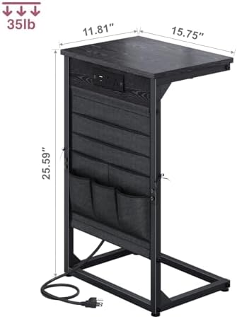 C-Shaped End Table with Fast-Charging Station, Small Couch Side Table with Storage Bag, Sofa TV Tray Table for Living Room, Bedroom, Bedside ET-BK-W1