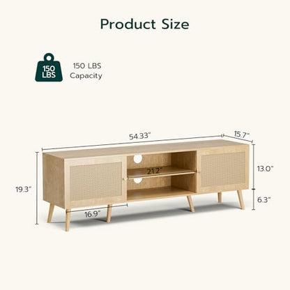 TV Stand with Rattan Doors for TVs up to 65", Mid-Century, Natural
