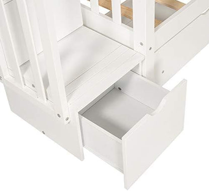 RUNNA Full Over Full Bunk Bed, Convertible, Storage Stairs White