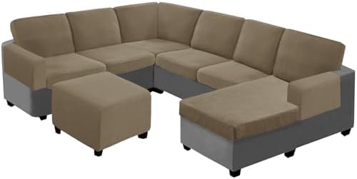 Seat Cushion Cover and Back Covers for Corner Sofa Stretch Jacquard, Non Slip L Shaped Sofa Slipcover with Storage Ottoman, Sectional Couch Cover for Chaise Lounge (Khaki,Ottoman 20 x 20 x 18”)