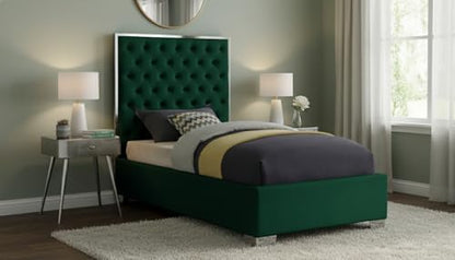 Meridian Furniture Lexi Collection Modern | Contemporary Velvet Upholstered Bed with Deep Tufting, Polished Chrome Stainless Steel Frame and Legs, Twin, Green
