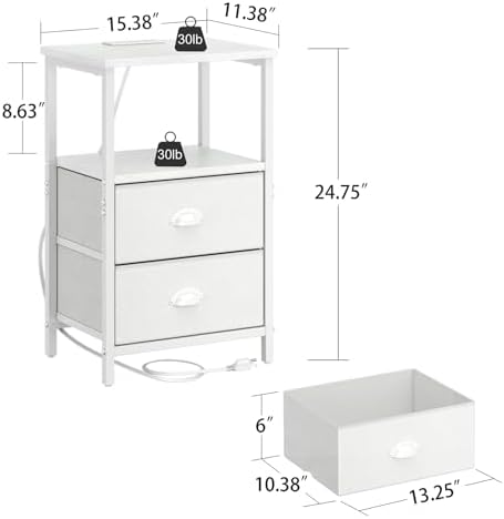 sthmec Nightstand with Charging Station, LED Night Stand with 2 Fabric Drawers PU Finish, Bedside Tables End Table with LED Light, 3-Tier Storage Side Table Nightstand with Drawers for Bedroom,White