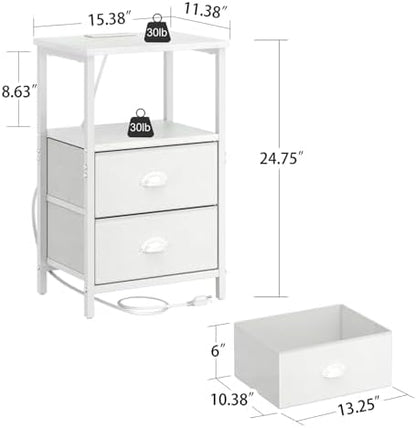 sthmec Nightstand with Charging Station, LED Night Stand with 2 Fabric Drawers PU Finish, Bedside Tables End Table with LED Light, 3-Tier Storage Side Table Nightstand with Drawers for Bedroom,White