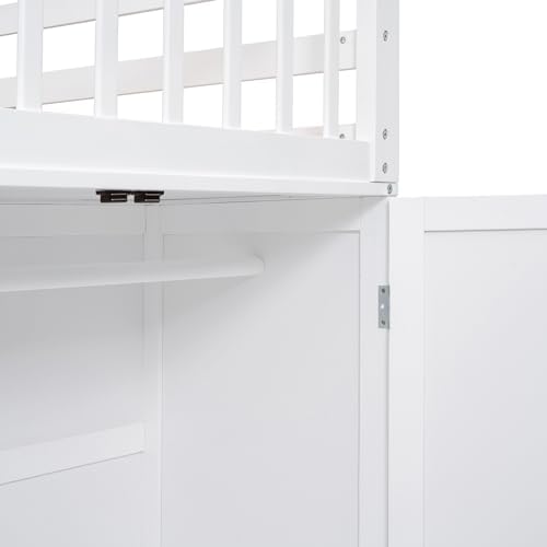 Twin-Twin Over Full L-Shaped Bunk Bed with 3 Drawers, Portable Desk and Wardrobe, Wood Bunk Bed with Loft Bed Attached for 3 Kids,No Box Spring Needed (White+Wardrobe/M, Twin-Twin Over Full)