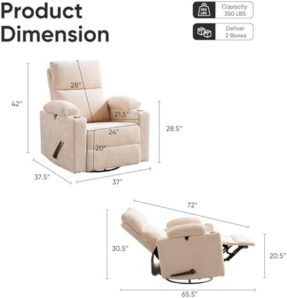 Swivel Rocker Recliner with Adjustable Armrests, Rocking Nursery Chair with Adjustable Headrest, Cup Holder, Manual Recliner Nursing Chair, Chenille Beige