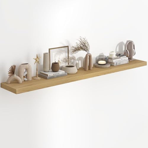 72 Inch Long Floating Shelves for Wall, 72x9.3 Large Floating Shelf for Bedroom, Kitchen, Bathroom, Wall Mounted Rustic Wood Shelves with Invisible Bracket for Books, Decor, Oak
