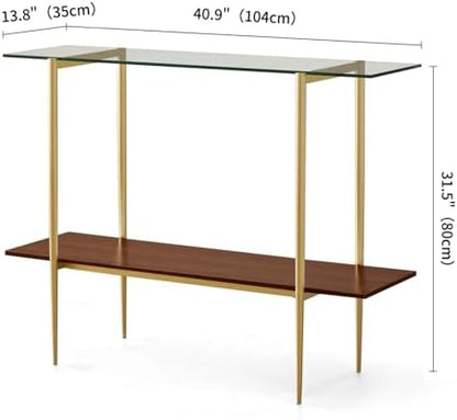 Glass Console Table for Living Room, Foyer & Entrance, 2-Tiers Mid-Century Modern Sofa Table with Clear Glass Top, Walnut Finish Wood Top and Gold Finish Metal Frame