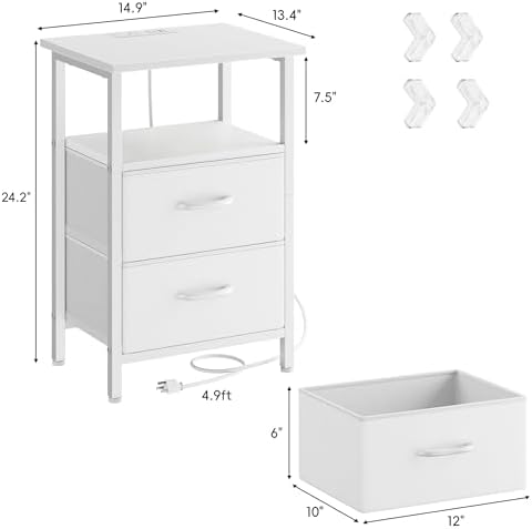 Vagusicc Nightstand Set of 2 with Charging Station, Bed side tables bedroom set of 2 with LED Lights, White Night Stands with 2 Fabric Drawers, 24.2" Tall Bedside Tables with Storage Shelf for Bedroom