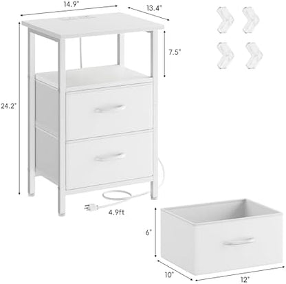 Vagusicc Nightstand with Charging Station, End Table with Fabric Drawers, Side Tables with Storage Shelf, 24.2" Tall Bedside Table with USB Ports & Outlets, Night Stand for Bedroom, White