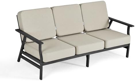 Pia Ricoo Outdoor Premium Teak Wood Couch with Armrests, All‑Weather Outdoor Furniture for Backyard, Deck, Lawn, Light Camel/Dark