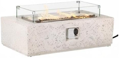 COSIEST Outdoor Propane Fire Pit Coffee Table, 42-inch x 13-inch Terrazzo Rectangle Base Patio Heater w Certified, 50,000 BTU Stainless Steel Burner, Wind Guard, Free Lava Rocks and Rain Cover