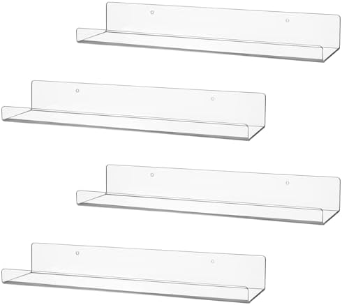 CECOLIC 4 Pack Clear Acrylic Floating Shelves for Wall, 15'' Plastic Wall Mounted Display Shelf Kids Bookshelf and Spice Organizer for Bedroom, Living Room, Kitchen, Bathroom, Office
