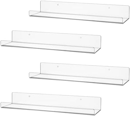 CECOLIC 4 Pack Clear Acrylic Floating Shelves for Wall, 15'' Plastic Wall Mounted Display Shelf Kids Bookshelf and Spice Organizer for Bedroom, Living Room, Kitchen, Bathroom, Office