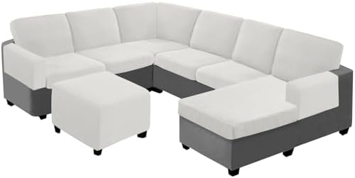 UNBBRRL Seat Cushion Cover and Back Covers for Corner Sofa Stretch Jacquard, Non Slip L Shaped Sofa Slipcover with Storage Ottoman, Sectional Couch Cover for Chaise Lounge (White,47 x 47 x 6”)