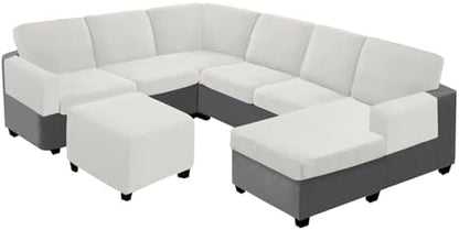 UNBBRRL Seat Cushion Cover and Back Covers for Corner Sofa Stretch Jacquard, Non Slip L Shaped Sofa Slipcover with Storage Ottoman, Sectional Couch Cover for Chaise Lounge (White,47 x 47 x 6”)