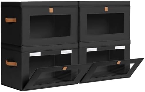 Collapsible Storage Bins - Large Stackable Organizer Bins, Decorative Boxes with Handles & Window, Fabric Containers for Living Room, Closet, Dorm, 4 Pack, Black