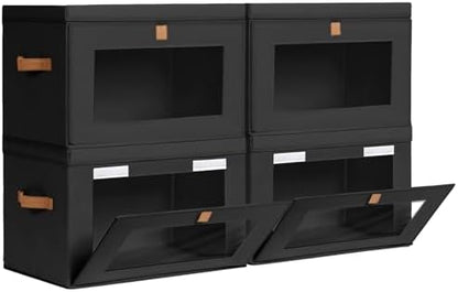 Collapsible Storage Bins - Large Stackable Organizer Bins, Decorative Boxes with Handles & Window, Fabric Containers for Living Room, Closet, Dorm, 4 Pack, Black