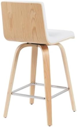 Armen Living Vienna Modern Counter Height Swivel Bar Stool with White Faux Leather Seat and Patterned Oak Wood Frame Set of 3