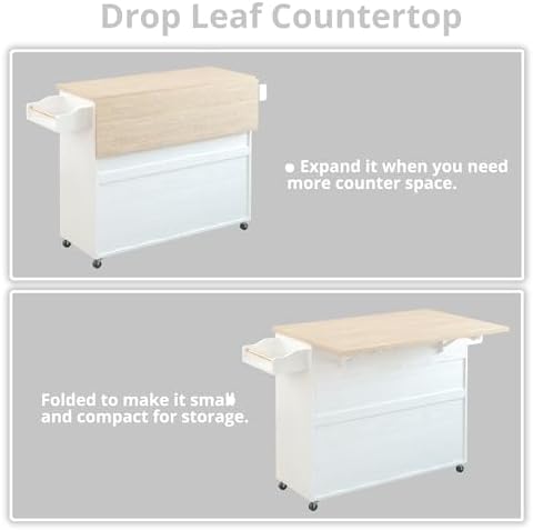 IRONCK Rolling Kitchen Island Cart with Drop-Leaf and Wine Rack, White
