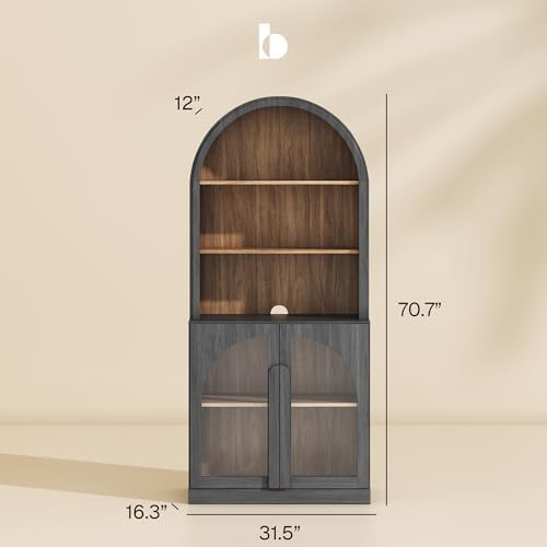 BELLEZE Arched Bookshelf with Glass Doors, 71" Tall Wood Display Cabinet with Adjustable Shelf and Hutch, 5 Tier Modern Bookcase Shelf with Storage for Living Room Office, Ebony