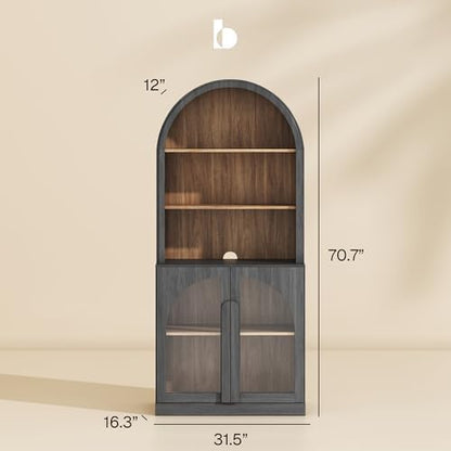 BELLEZE Arched Bookshelf with Glass Doors, 71" Tall Wood Display Cabinet with Adjustable Shelf and Hutch, 5 Tier Modern Bookcase Shelf with Storage for Living Room Office, Ebony