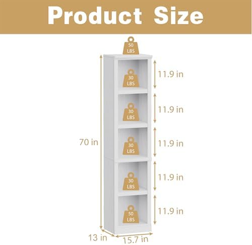 blini 5-Shelf Narrow Bookcase White Wooden Tall Bookshelves Floor Standing Display Storage Shelves Vintage Oak Bookcase for Home Office, Living Room, Bed Room