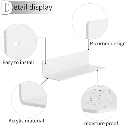 12 Inches White Acrylic Wall Shelves Set of 2, Wall Mounted Shelves for Plants, Speaker, Camera, Toiletries, Spice Jars, Coffee, Candles, Shoes, 2 Pack