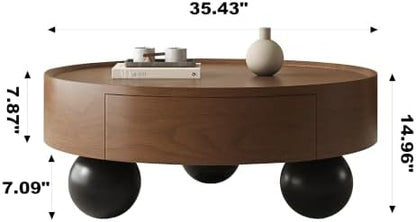 Round Wood Coffee Table with Storage Drawers, Modern Low Circular Center Table with 3 Ball Legs, Walnut Finish Storage Cocktail Table for Living Room Bedroom, Apartment-35.43“*14.96”