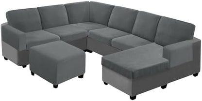 UNBBRRL Seat Cushion Cover and Back Covers for Corner Sofa Stretch Jacquard, Non Slip L Shaped Sofa Slipcover with Storage Ottoman, Sectional Couch Cover for Chaise Lounge (Light Gray,16 x 30 x 6”)