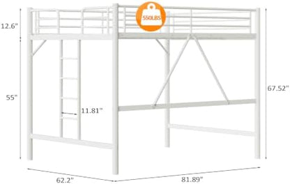 VINGLI Queen Loft Bed with Flat Rungs for Adults, Kids and Young Teens, No Box Spring Required,Heavy Duty Metal Slat Support, Cloud White