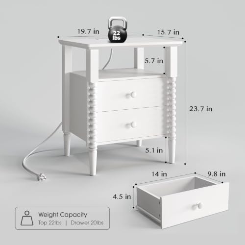 JOINICE White Nightstand with Charging Station, Jenny Lind Spindle Style