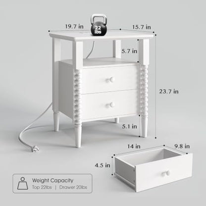 JOINICE White Nightstand with Charging Station, Jenny Lind Spindle Style
