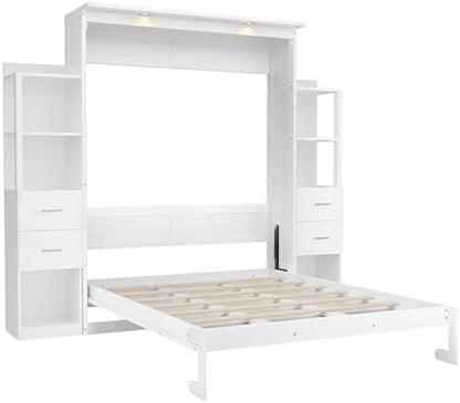 PVWIIK Queen Size Murphy Bed, Vertical Wall Bed Frame with 4 Drawers, LED Light, Shelf & Foldable Platform, White for Small Space Bedroom Guest Room