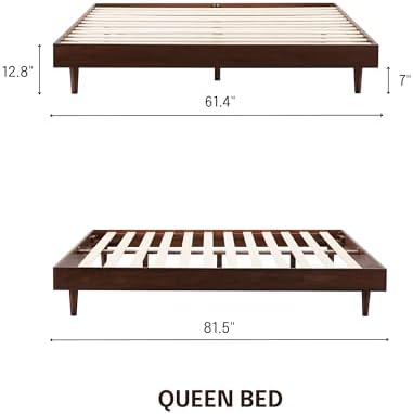 Fly Wooden Bed Frame Without Headboard, Crafted from Walnut, Rubber Wood with Silent Slats and Wood Central Supports, 1000 Lb Capacity, Effortless Assembly, Queen - Dark Walnut