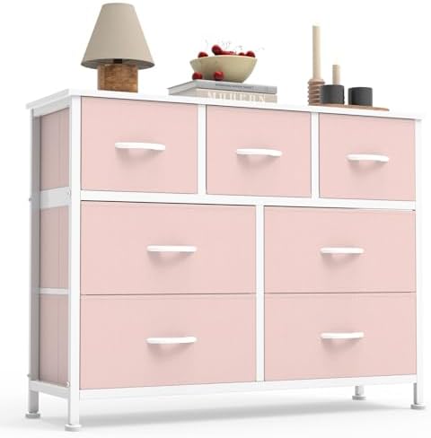 Sweetcrispy 7 Drawer Dresser for Bedroom Storage with Fabric Bins, Pink