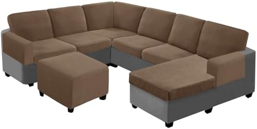 UNBBRRL Seat Cushion Cover and Back Covers for Corner Sofa Stretch Jacquard, Non Slip L Shaped Sofa Slipcover with Storage Ottoman, Sectional Couch Cover for Chaise Lounge (Camel,16 x 16 x 6”)