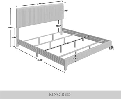 King Corduroy Velvet Upholstered Bed, Beige