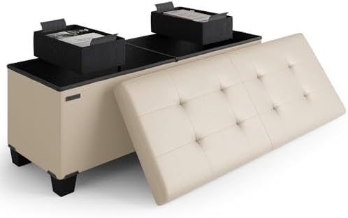 Storage Ottoman Bench with Bins, 43-in Storage Bench for Bedroom End of Bed, Folding Foot Rest Ottoman for Living Room Max 660lbs, Leather Ottomans, Beige