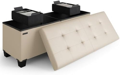 Storage Ottoman Bench with Bins, 43-in Storage Bench for Bedroom End of Bed, Folding Foot Rest Ottoman for Living Room Max 660lbs, Leather Ottomans, Beige