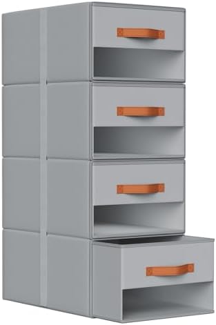 DIMJ Closet Organizers and Storage - Fabric Bins with Drawers for Closet Clothes Organizers with Clear Window, Stackable Storage Drawers Units for Bedroom, Living Room, 4 Pack, Grey
