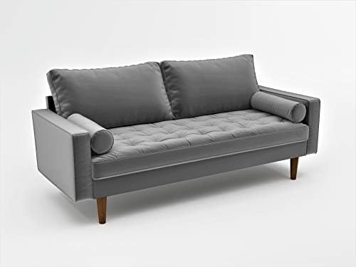 Container Furniture Direct Womble Mid Century Modern Velvet Upholstered Tufted Seat with Bolster Pillows, Loveseat, Sofa, Grey