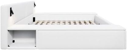 Merax Bouclé Upholstered Platform Bed with Headboard, Hidden Storage,White