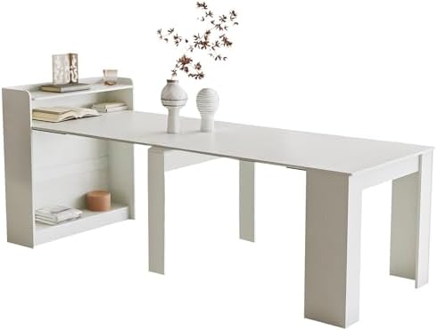 21''- 98.43'' Extendable Dining Room Table, Expandable Dining Table, Modern Large Table, for 2-9 Person(with Shelf), White