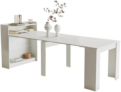 21''- 98.43'' Extendable Dining Room Table, Expandable Dining Table, Modern Large Table, for 2-9 Person(with Shelf), White