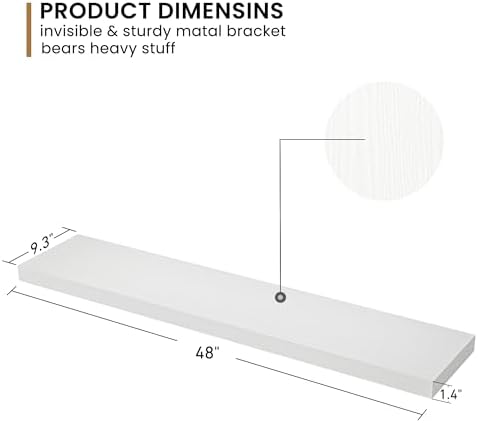 Floating Shelves - 9.3 Inch Deep Wall Shelf for Decor & Storage - Wall Mounted Display Shelving with Invisible Heavy-Duty Metal Bracket - 48" W x 9" D x 1.6" H - Set of 1 - Rustic White